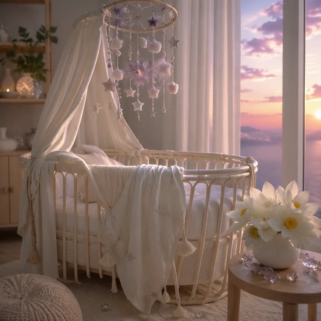 Soft pastel nursery with a bassinet, white lotus, and gentle moonlit dawn details.
