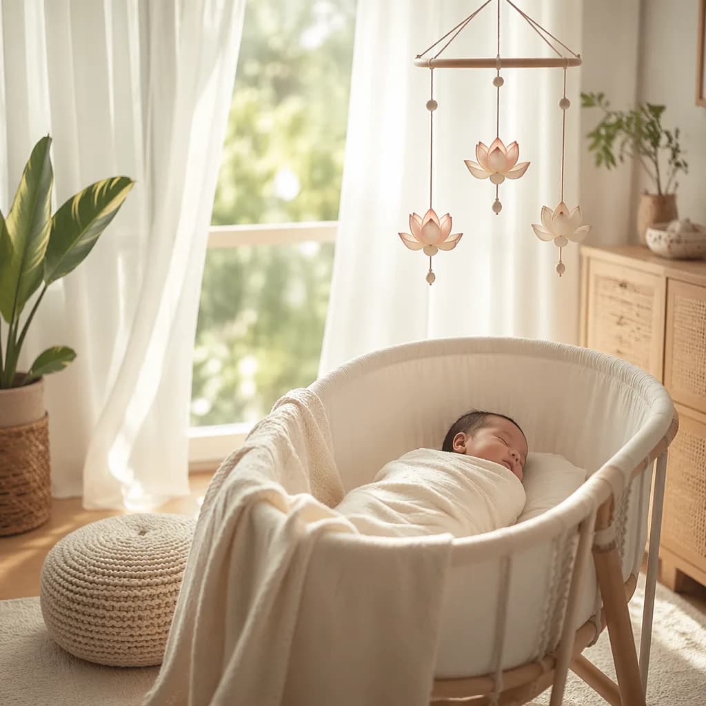 Peaceful pastel nursery with a swaddled sleeping baby and subtle lotus decor.