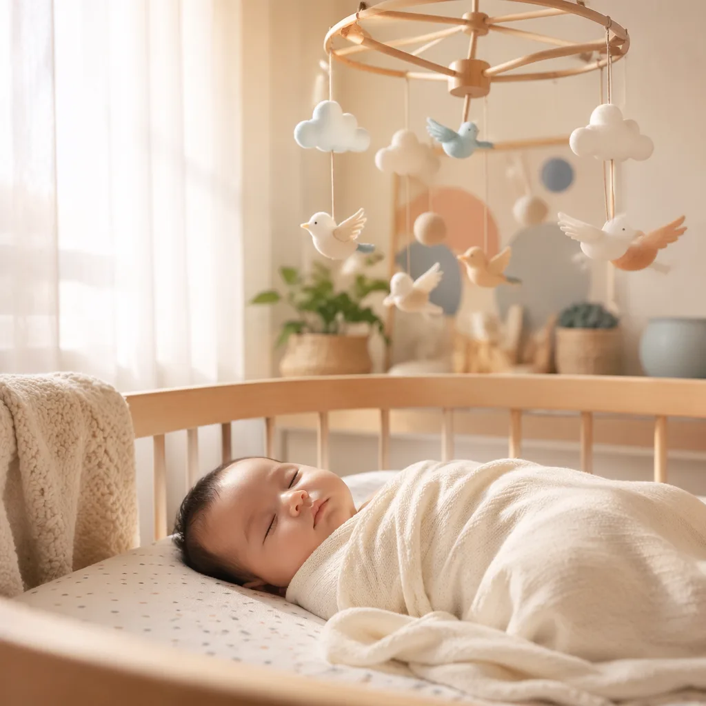 Sleeping baby in a soft pastel nursery with bird mobile symbolizing freedom