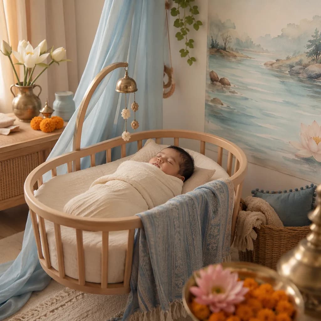 A peaceful pastel nursery with a sleeping swaddled baby, lotus accents, and soft river-inspired decor.