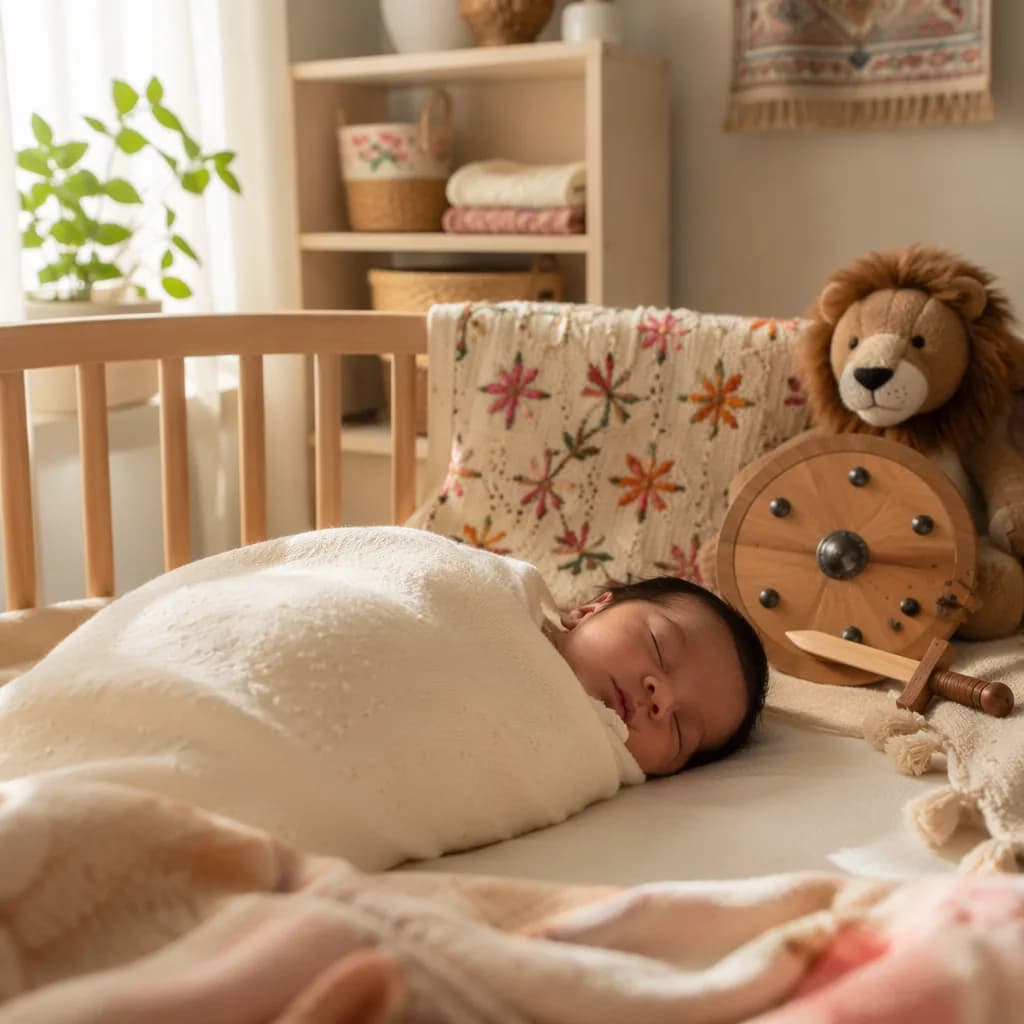 A peaceful Punjabi-inspired nursery with a swaddled sleeping baby and gentle symbols of bravery.