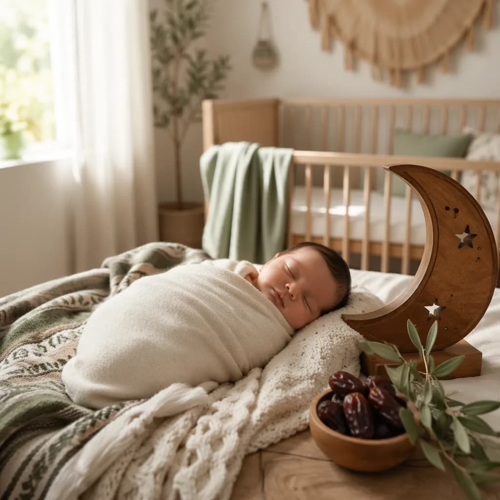 A peaceful newborn in a soft Arabic-inspired nursery with warm natural light.