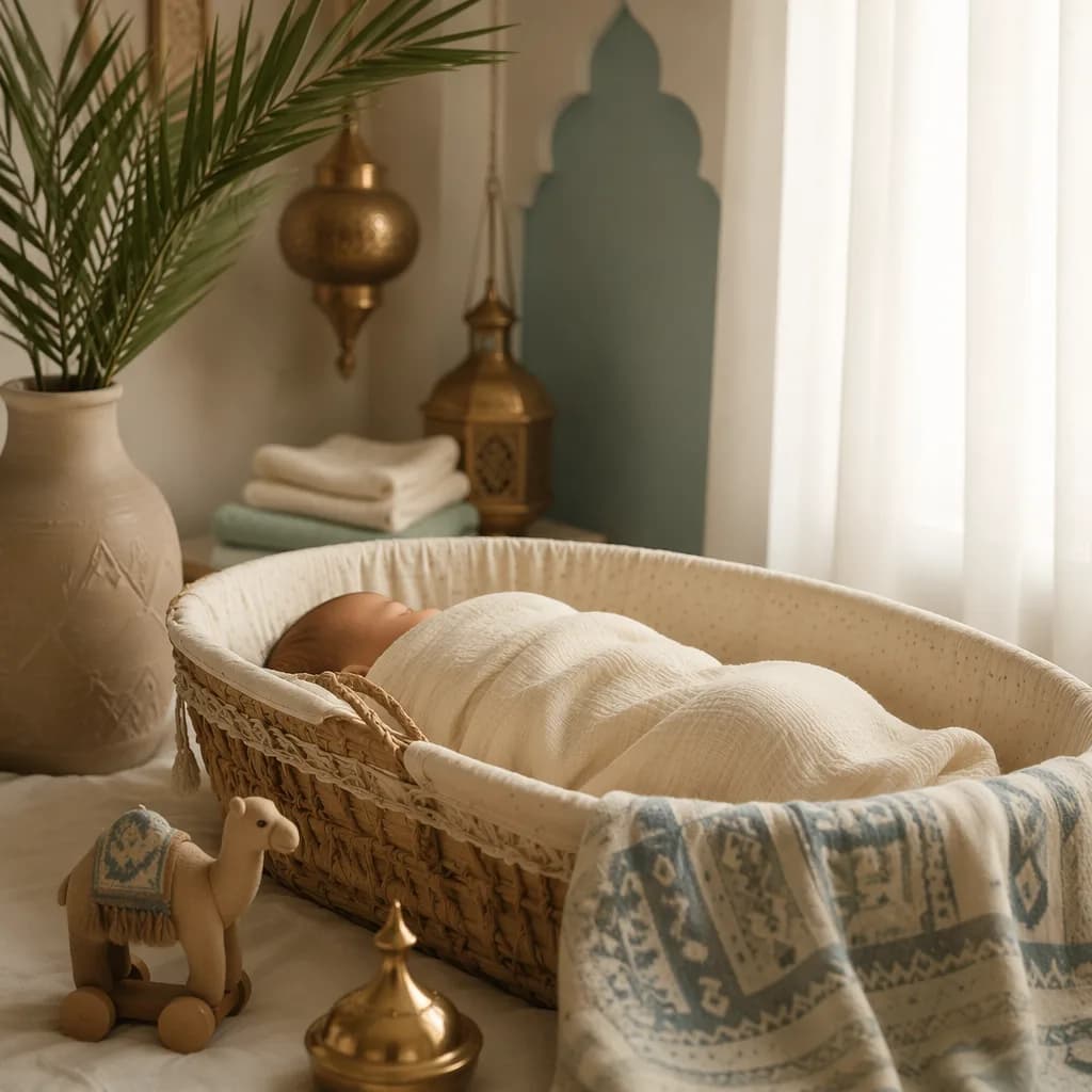 Sleeping swaddled baby in a warm pastel Arabic-inspired nursery with subtle Egyptian decor.
