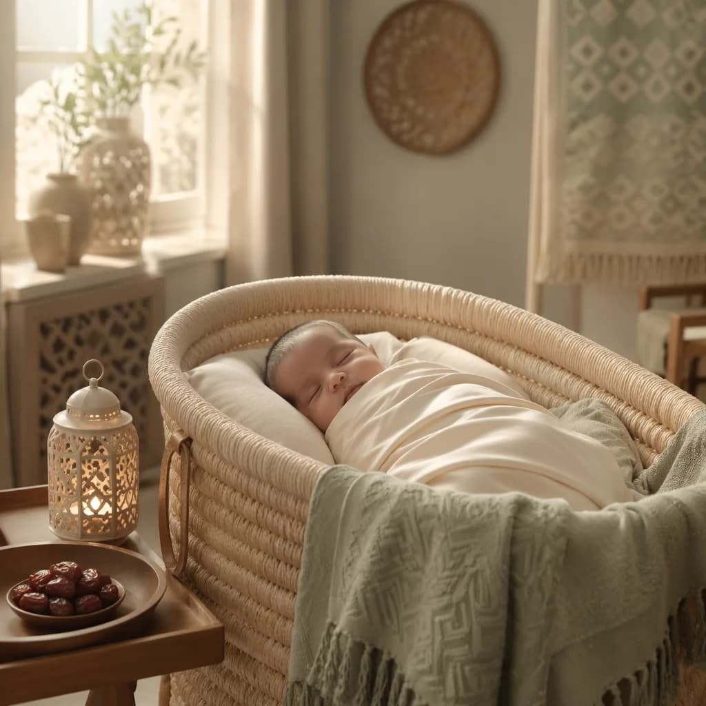 A peaceful newborn in a soft nursery with Arabic-inspired details and warm natural light.