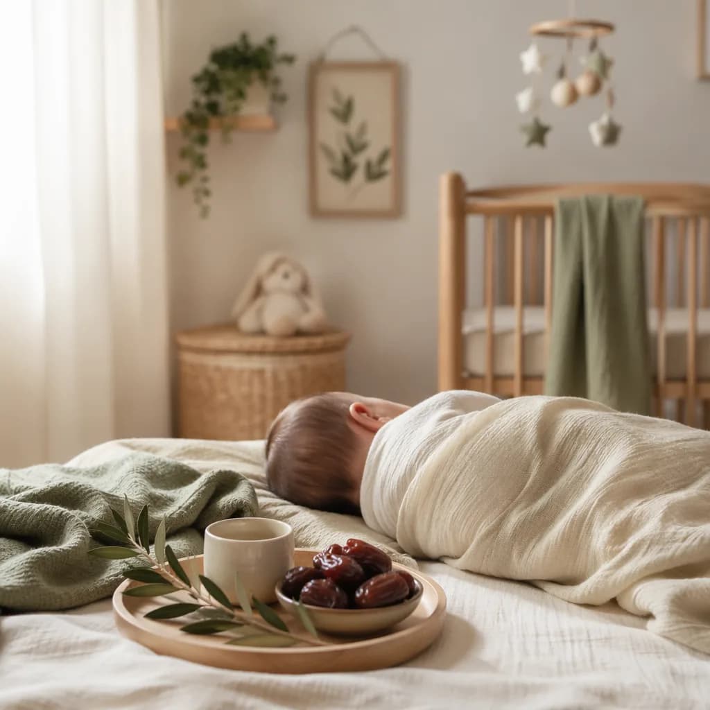 A peaceful swaddled baby in a warm pastel nursery with subtle symbols of generosity.