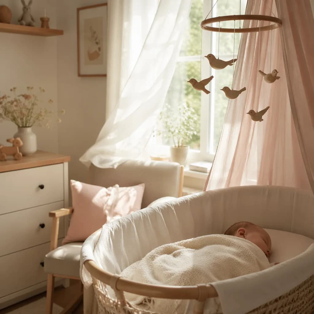 Soft pastel nursery with a sleeping baby and wooden bird mobile in gentle natural light.