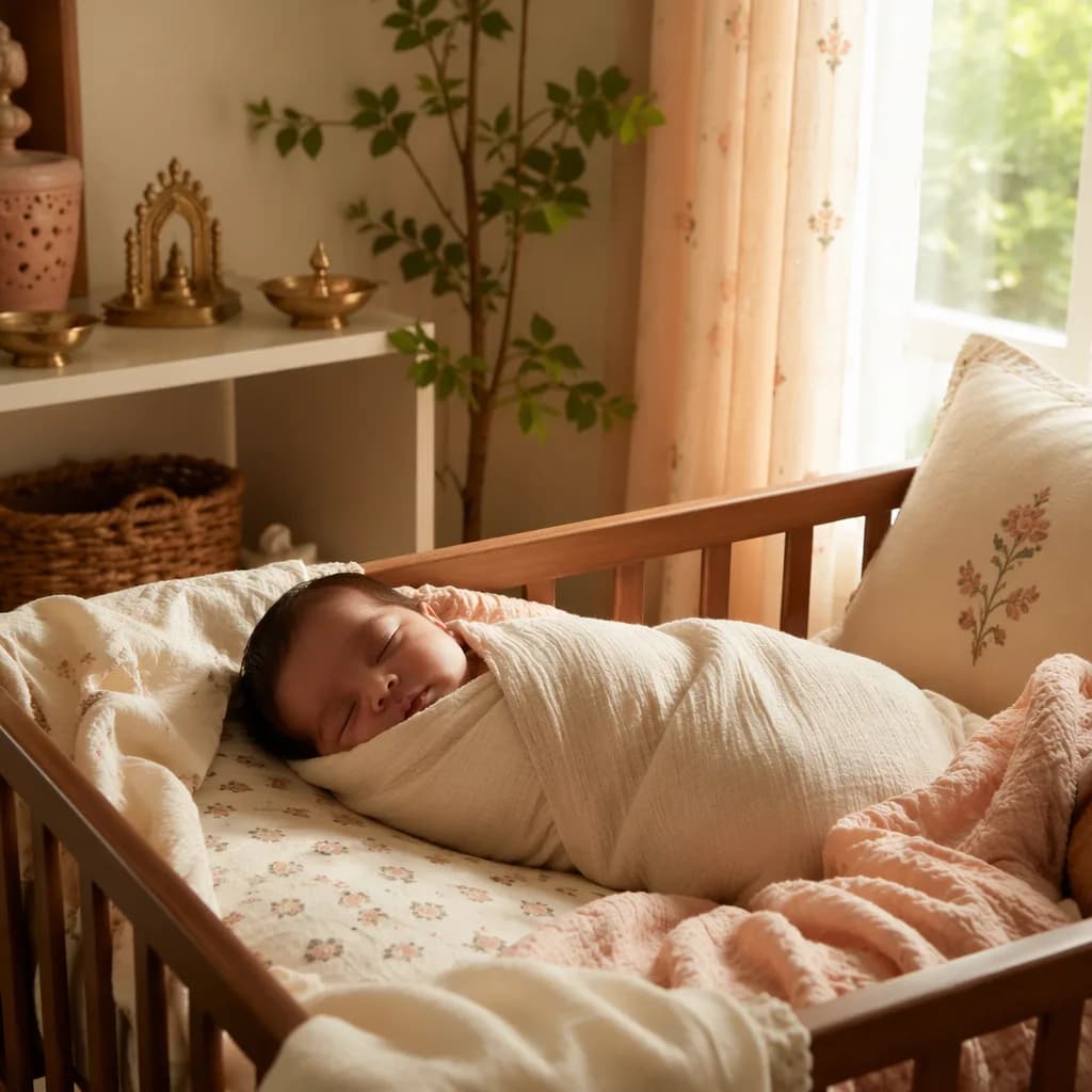 Sleeping baby in a warm pastel nursery with gentle Indian-inspired decor.