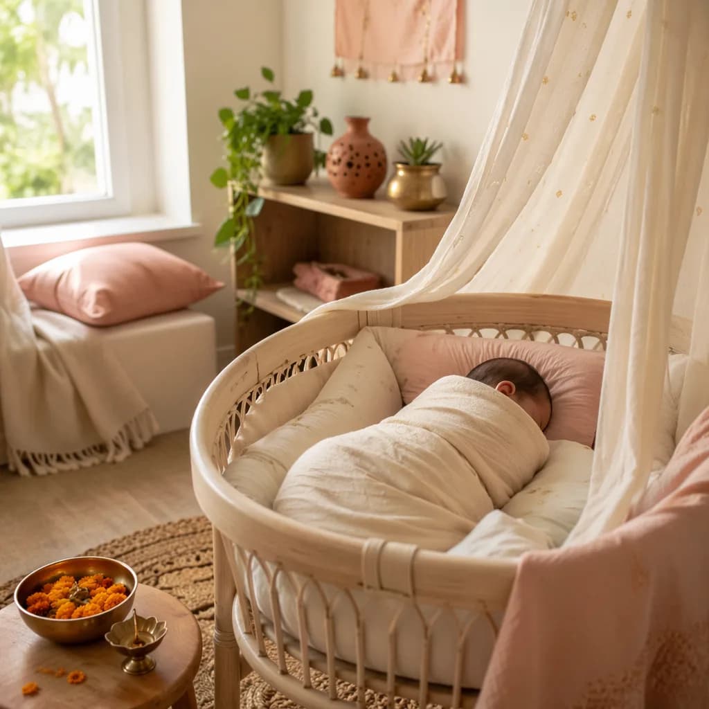A softly lit cozy nursery with a swaddled sleeping baby and gentle Indian-inspired details.