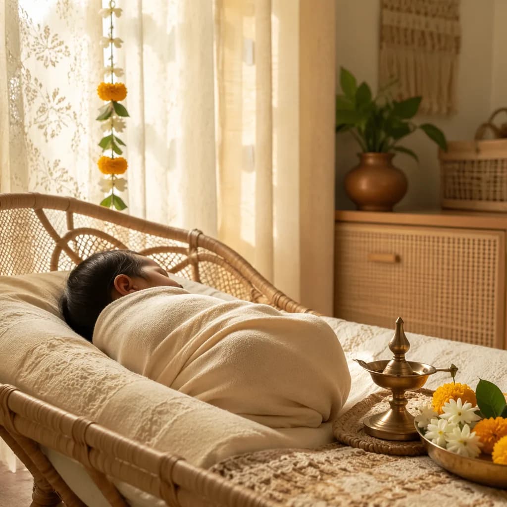 Sleeping swaddled baby in a warm pastel nursery with soft Indian-inspired floral decor.