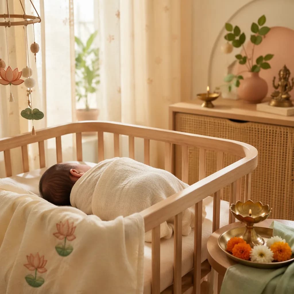A peaceful pastel nursery with a swaddled newborn in a wooden cradle, accented by lotus and marigold details.