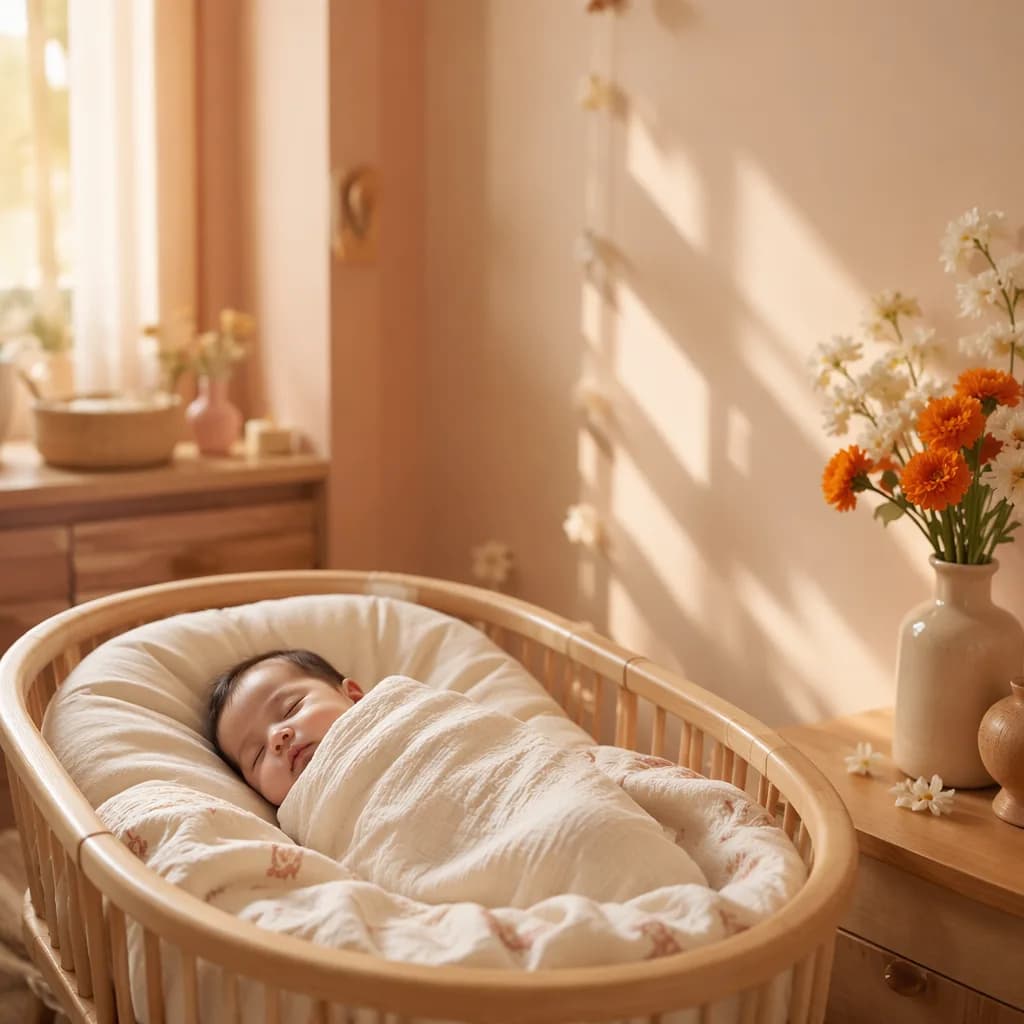 A softly lit nursery with a swaddled sleeping baby and warm sunbeams.