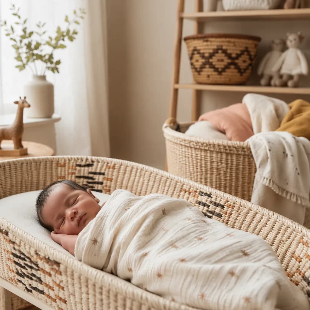 Peaceful newborn in a cozy pastel nursery with woven East African-inspired details.