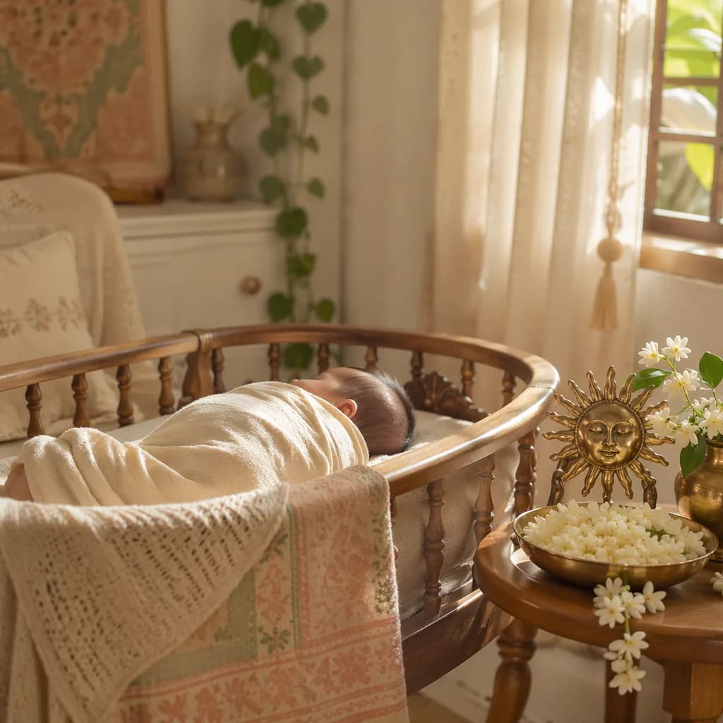 A cozy pastel nursery with a swaddled baby, jasmine flowers, and warm sunlit accents.