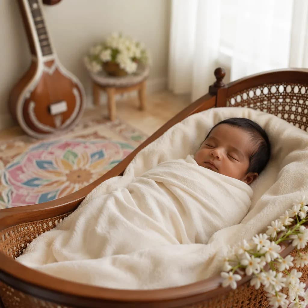 Sleeping Tamil newborn in a soft pastel nursery with jasmine and South Indian-inspired decor.