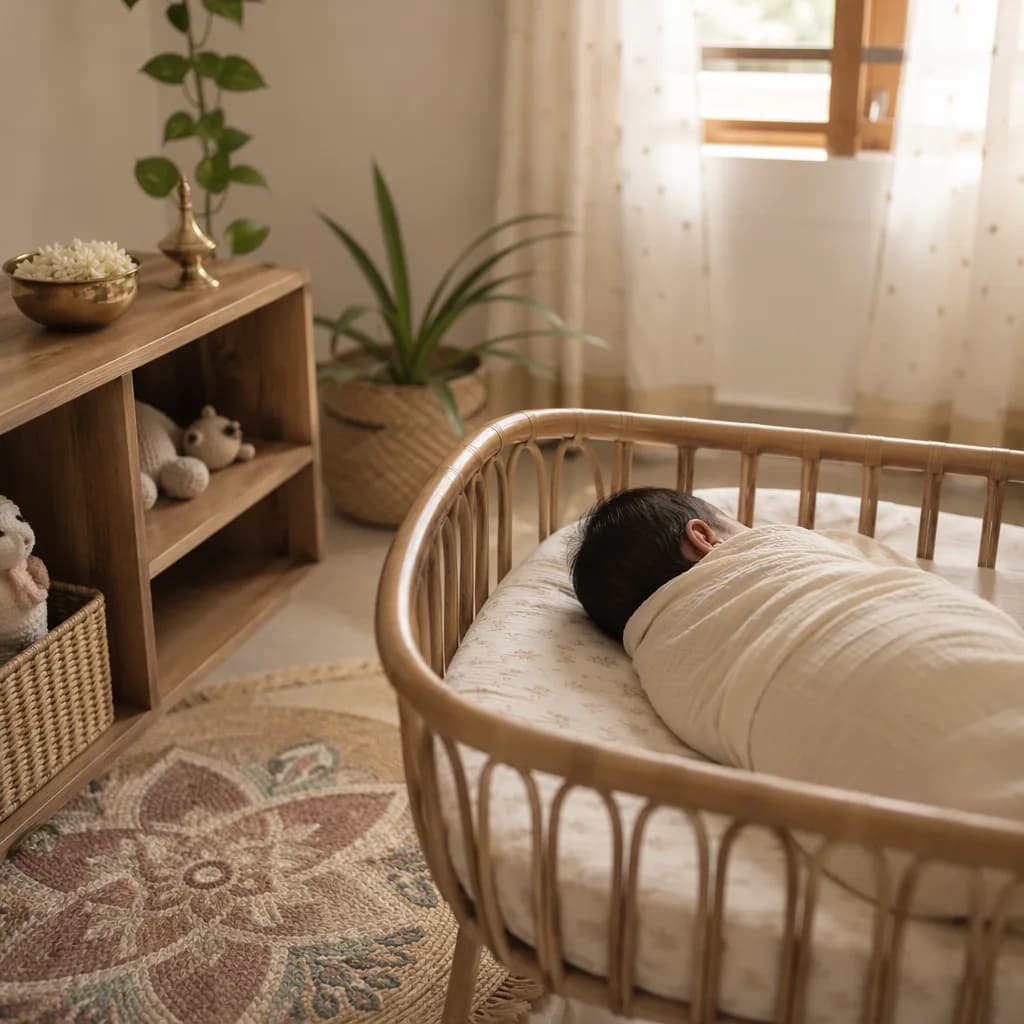 A serene Tamil-inspired nursery with a softly wrapped sleeping baby, jasmine flowers, and warm pastel light.