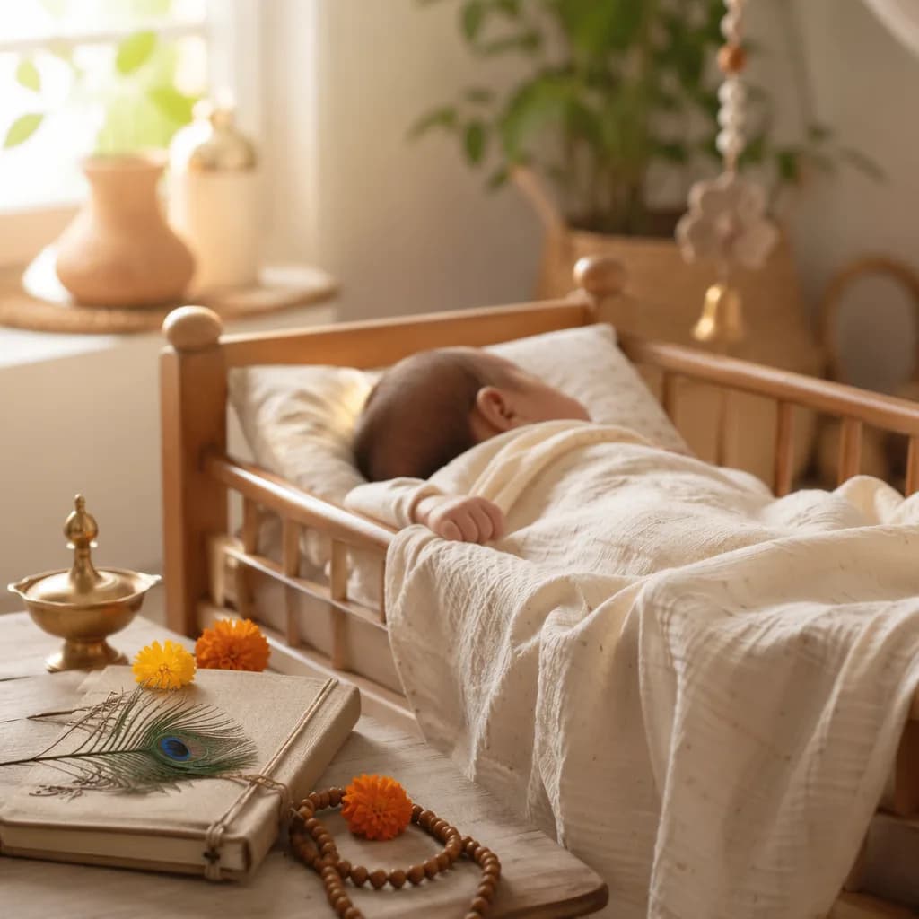 Sleeping baby in a warm pastel nursery with subtle Indian-inspired decor.