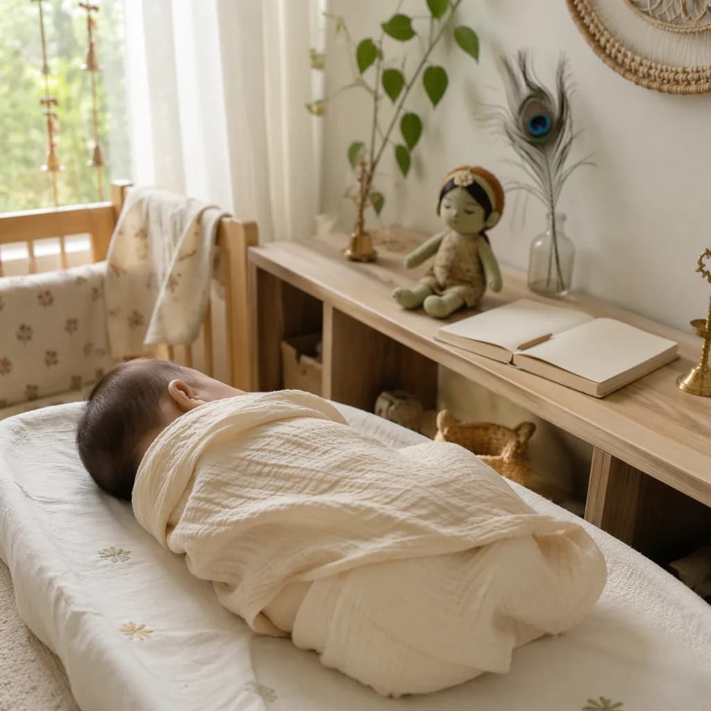 Peaceful swaddled baby in a soft Indian-inspired nursery with poetic keepsakes.