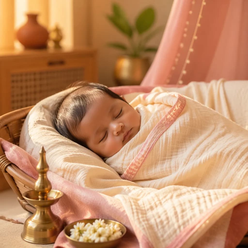 Sleeping baby in a warm Tamil-inspired nursery with soft light and pastel details.