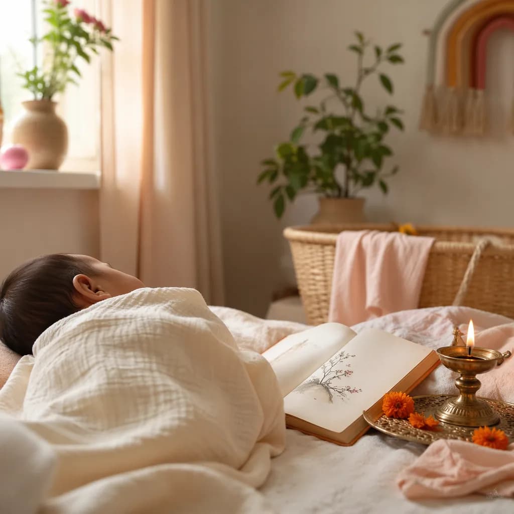 Soft pastel nursery scene with a sleeping baby, poetry book, and gentle Indian-inspired accents.