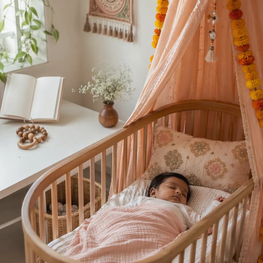 Peaceful Hindi baby in a soft pastel nursery with poetic and royal-inspired details.