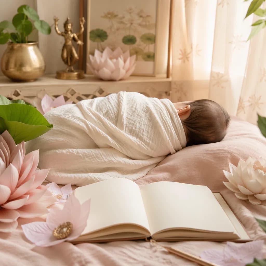 A softly lit pastel nursery with a swaddled sleeping baby, lotus decor, and a blank journal.