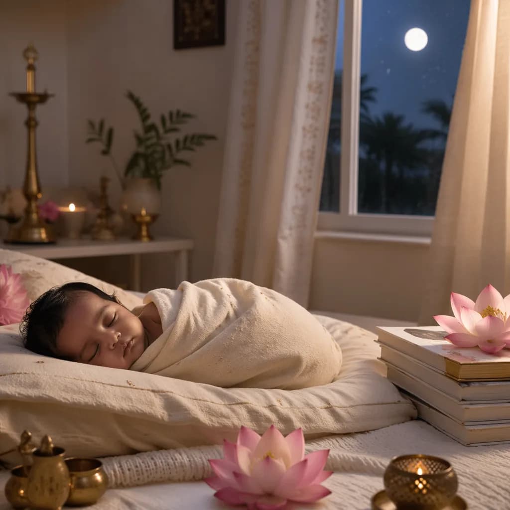 A softly lit Tamil-inspired nursery with a sleeping baby, lotus flowers, blank books, and gentle gold accents.