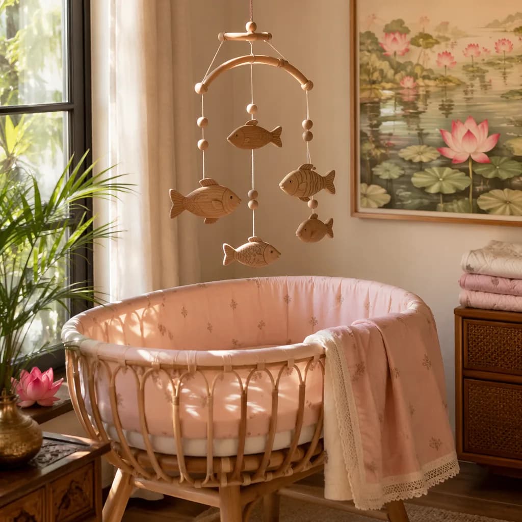 Soft pastel Tamil-inspired nursery with a fish mobile and cozy bassinet in warm natural light.