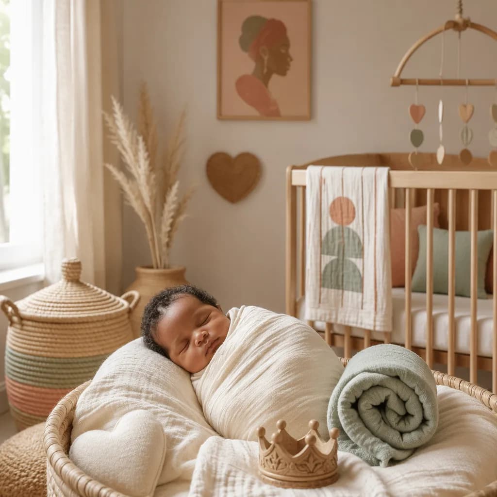 A serene Yoruba-inspired nursery with a sleeping newborn, soft twin symbolism, and gentle crown keepsake.