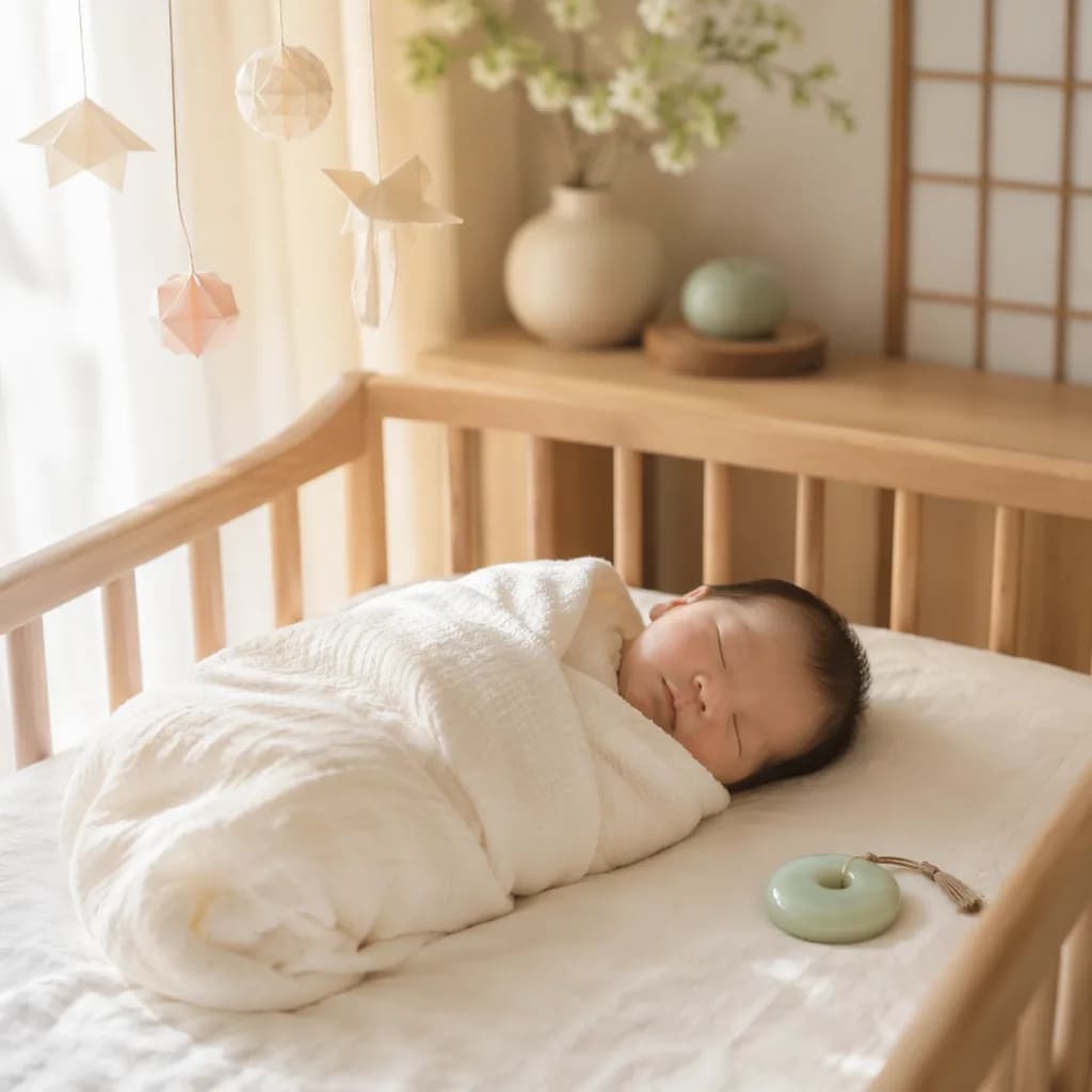 Sleeping newborn in a soft Japanese-inspired nursery with gentle pastel light.