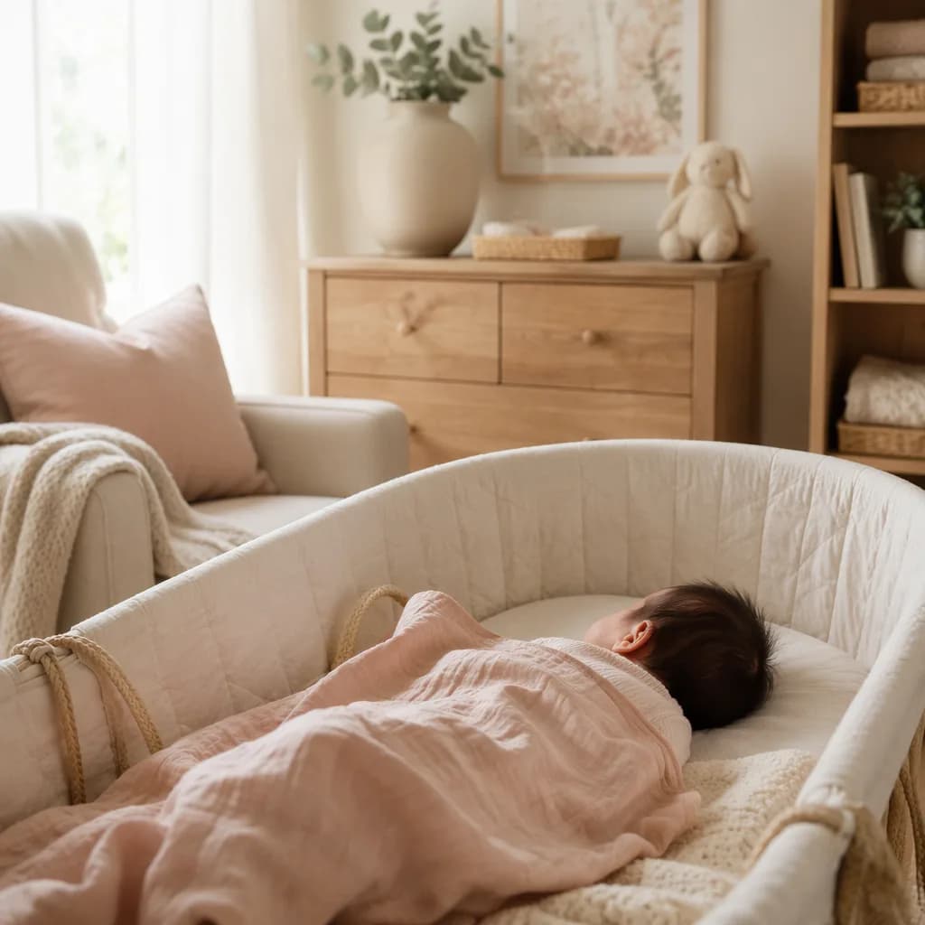 Peaceful dark-haired baby resting in a soft pastel nursery.
