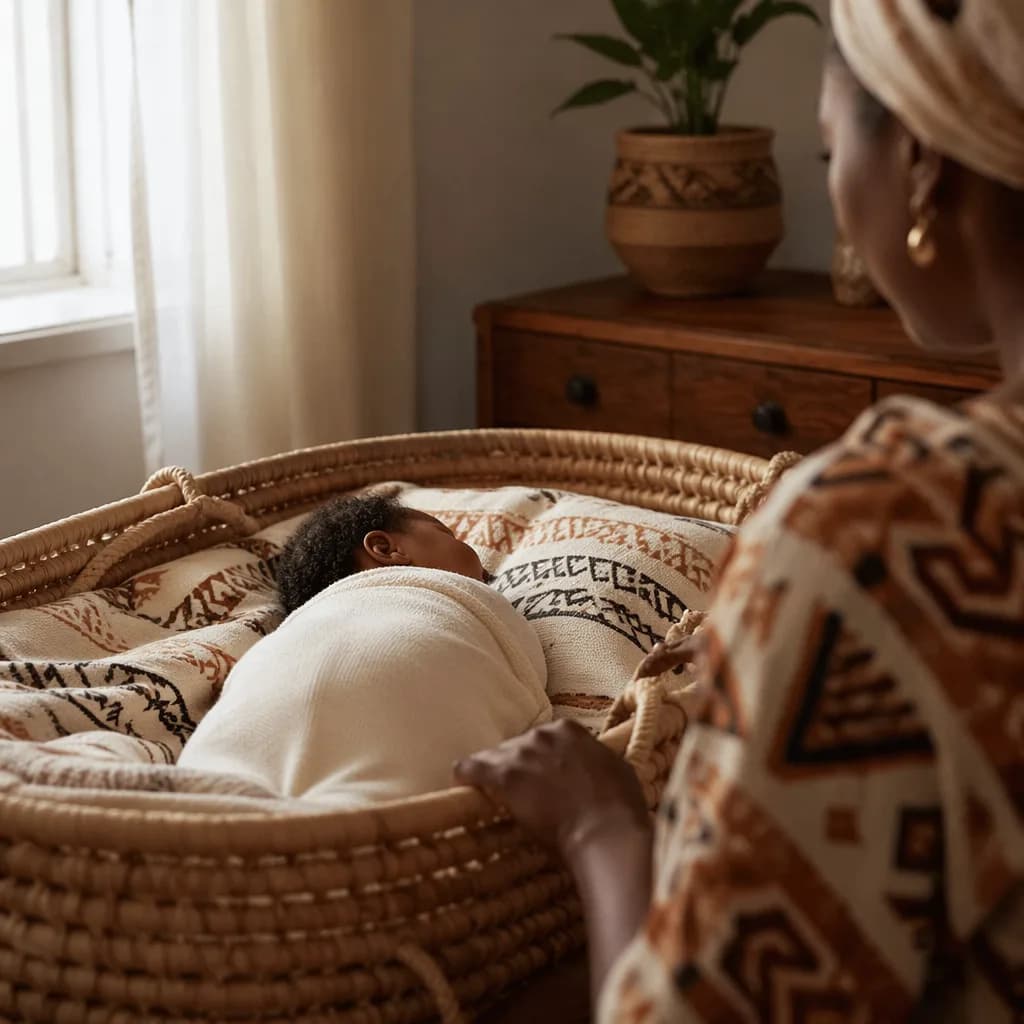 A peaceful Nigerian newborn in a warm nursery with soft Igbo-inspired textiles.