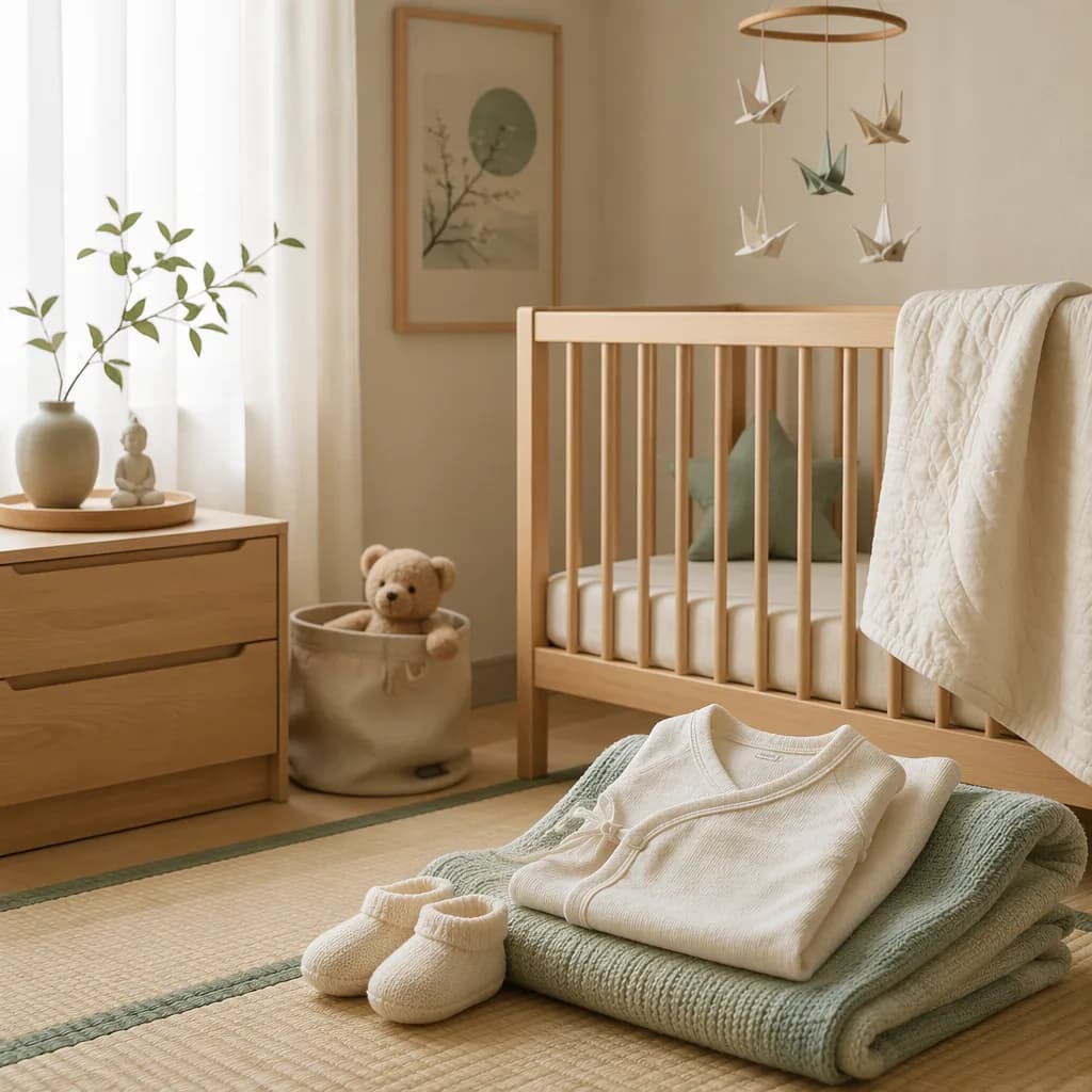 Soft Japanese-inspired nursery with origami crane mobile and baby essentials for the name Kenji.