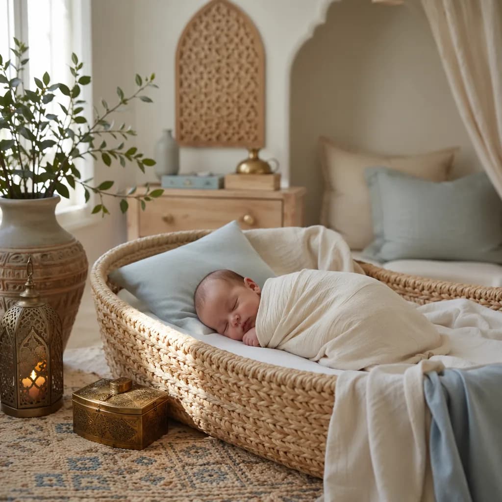 Soft pastel Arabic-inspired nursery with a sleeping baby, brass keepsake box, greenery, and gentle natural light.