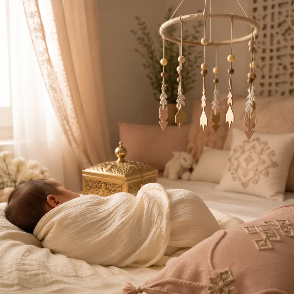A softly lit cozy nursery with a swaddled baby, a small treasure box, and an arrow mobile.