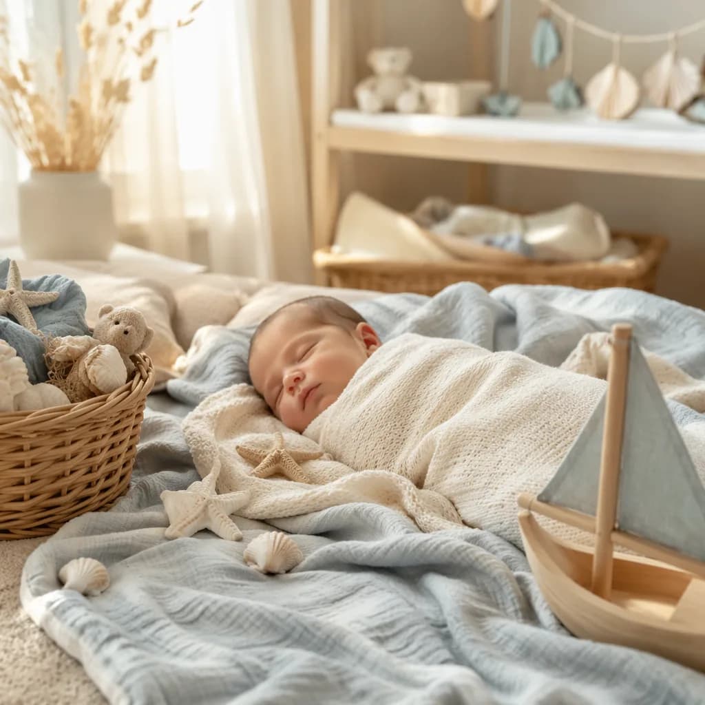 A peaceful pastel nursery with a sleeping swaddled baby and gentle sea-inspired decor.