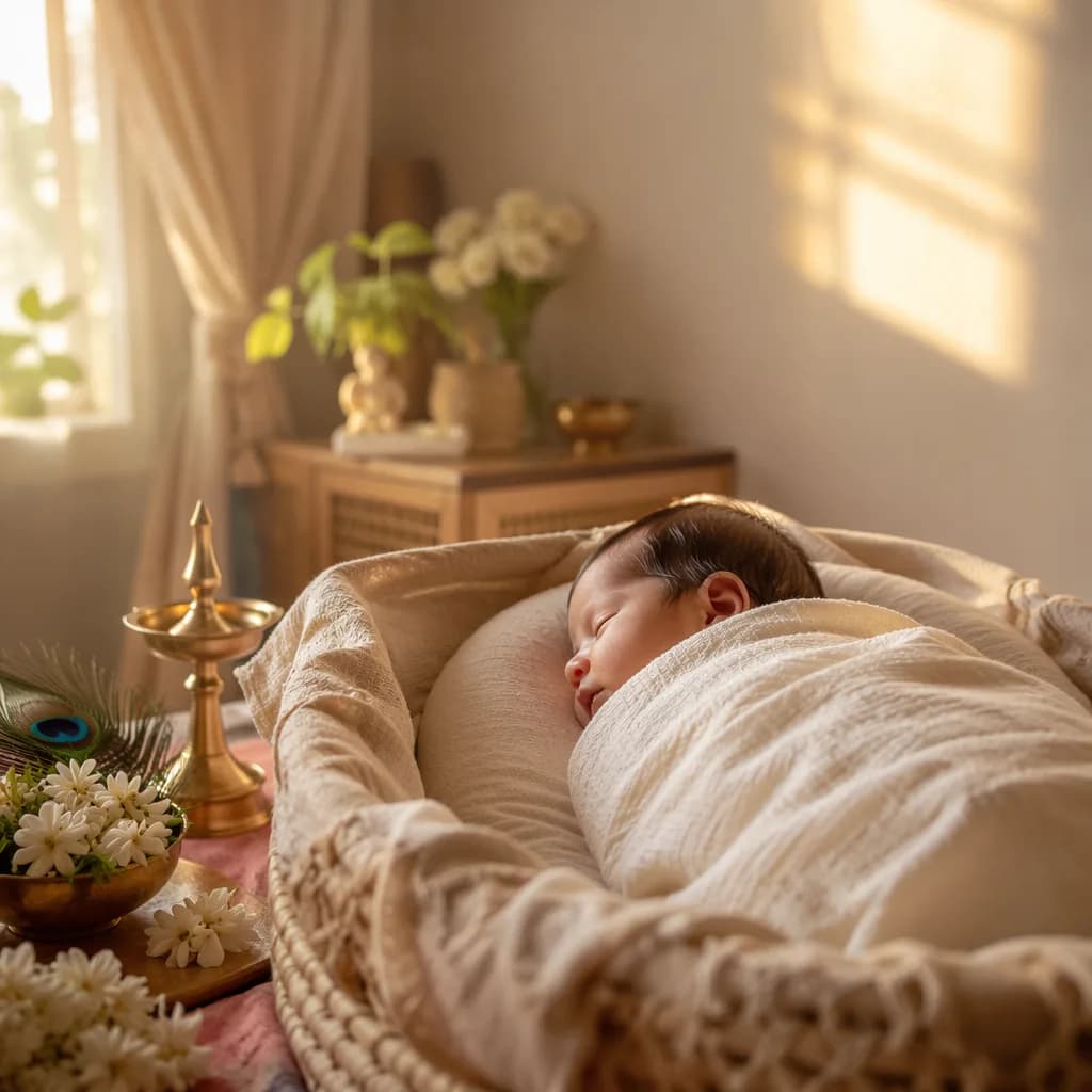 A softly lit Tamil-inspired nursery with a peacefully swaddled baby and gentle symbolic details.