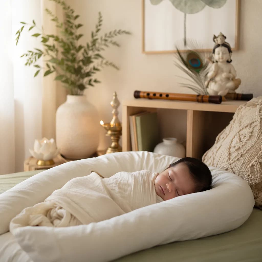 Sleeping swaddled baby in a soft pastel nursery with peacock feather, lotus, and flute details.