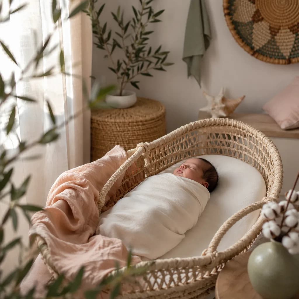 Peaceful swaddled newborn in a warm pastel nursery with woven coastal-inspired details.
