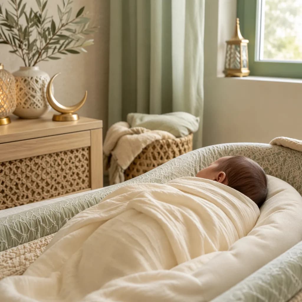 A softly lit Arabic-inspired nursery with a swaddled newborn and gentle blessing symbols.