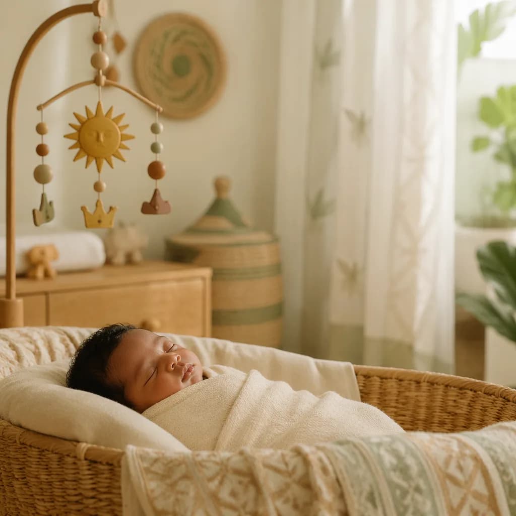A peaceful swaddled baby in a warm pastel nursery with subtle East African-inspired decor.