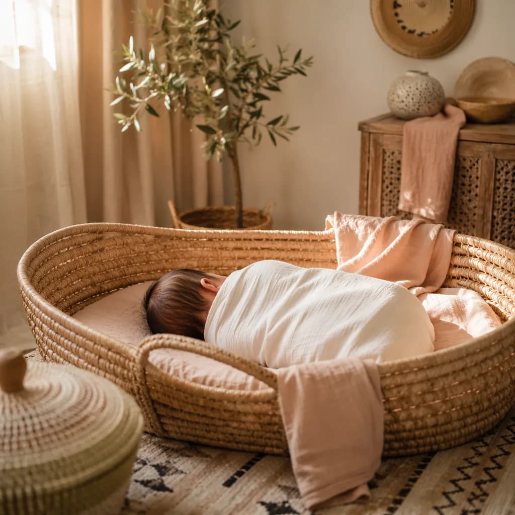 Sleeping swaddled baby in a warm Swahili-inspired nursery with soft morning light.