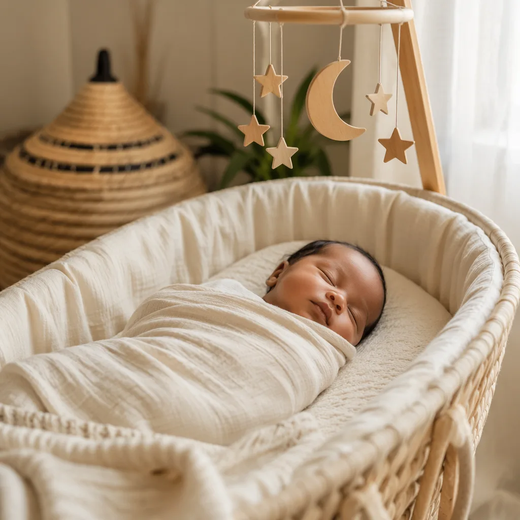 A peaceful newborn in a warm pastel nursery with subtle East African-inspired decor.