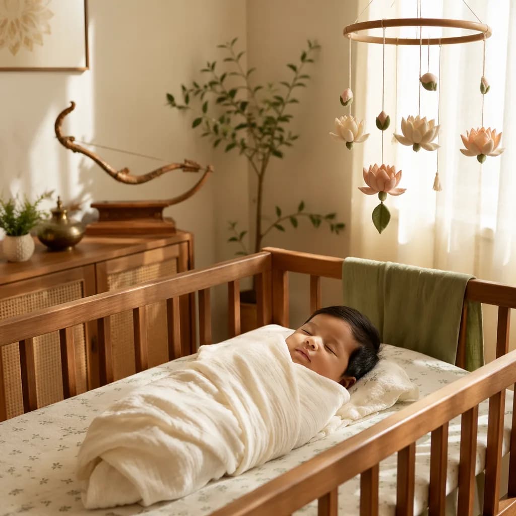 Peaceful Indian baby in a soft pastel nursery with gentle heritage-inspired details.