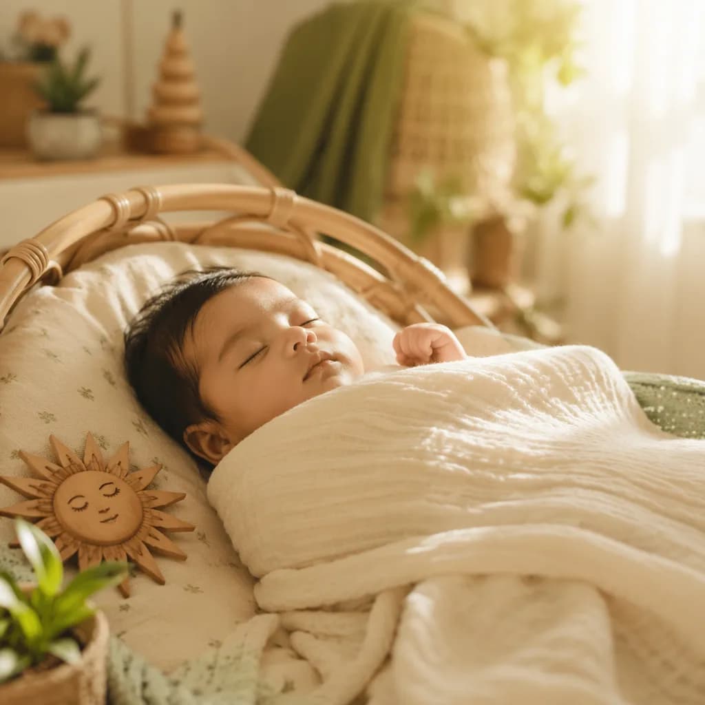 Peaceful Indian baby in a soft pastel nursery with warm light and growth-themed decor.