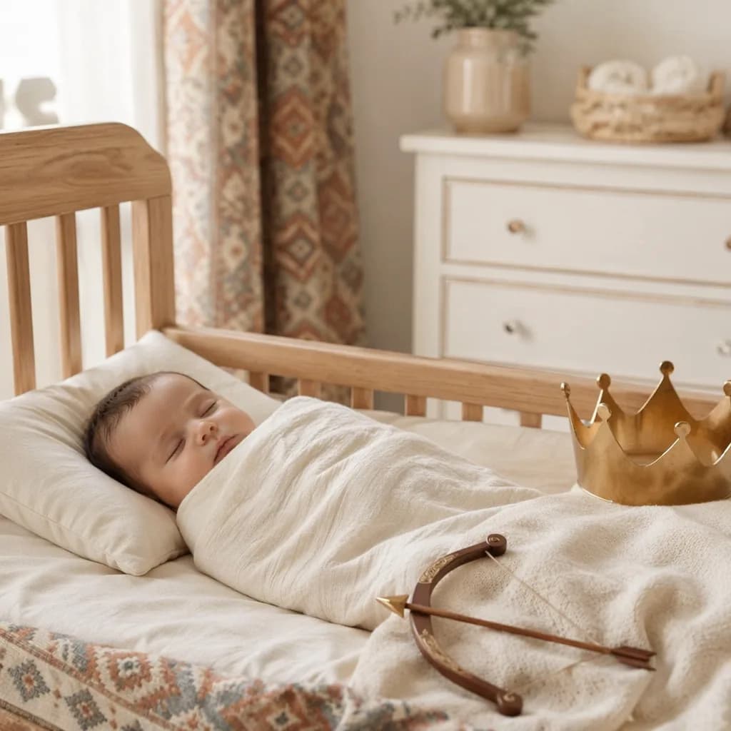 Soft pastel Persian-inspired nursery with a sleeping swaddled baby and subtle symbolic archer and crown decor.