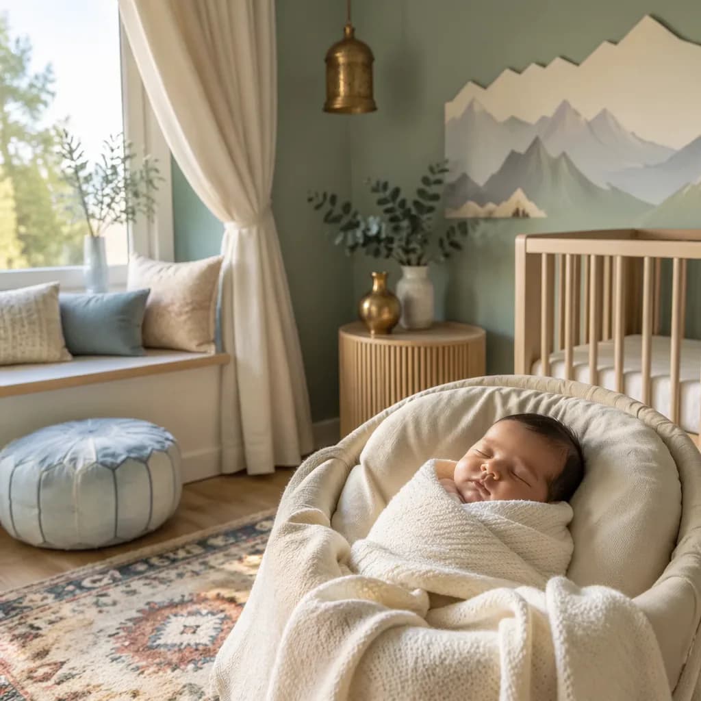 Sleeping newborn in a warm pastel Persian-inspired nursery