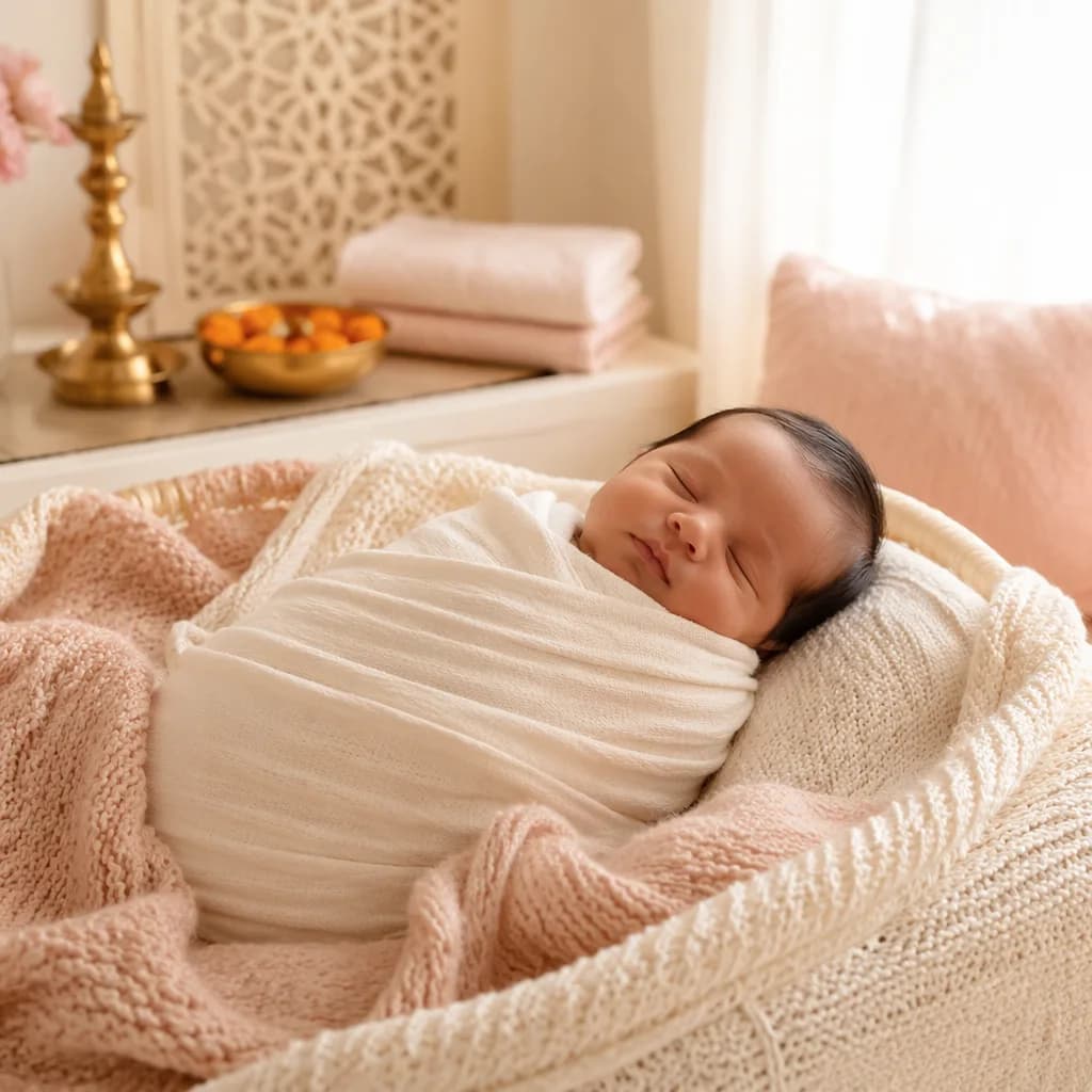 A peaceful swaddled baby in a soft pastel nursery with subtle Indian-inspired decor.