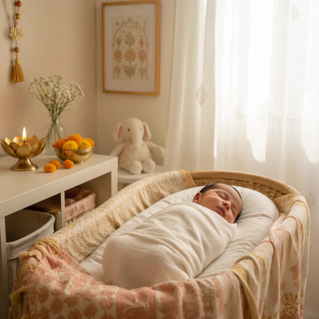 Soft pastel Hindi nursery scene with a peacefully sleeping baby and warm golden accents.
