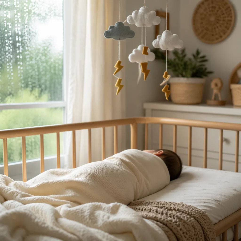 Cozy pastel nursery with a sleeping baby and a cloud-and-lightning mobile.
