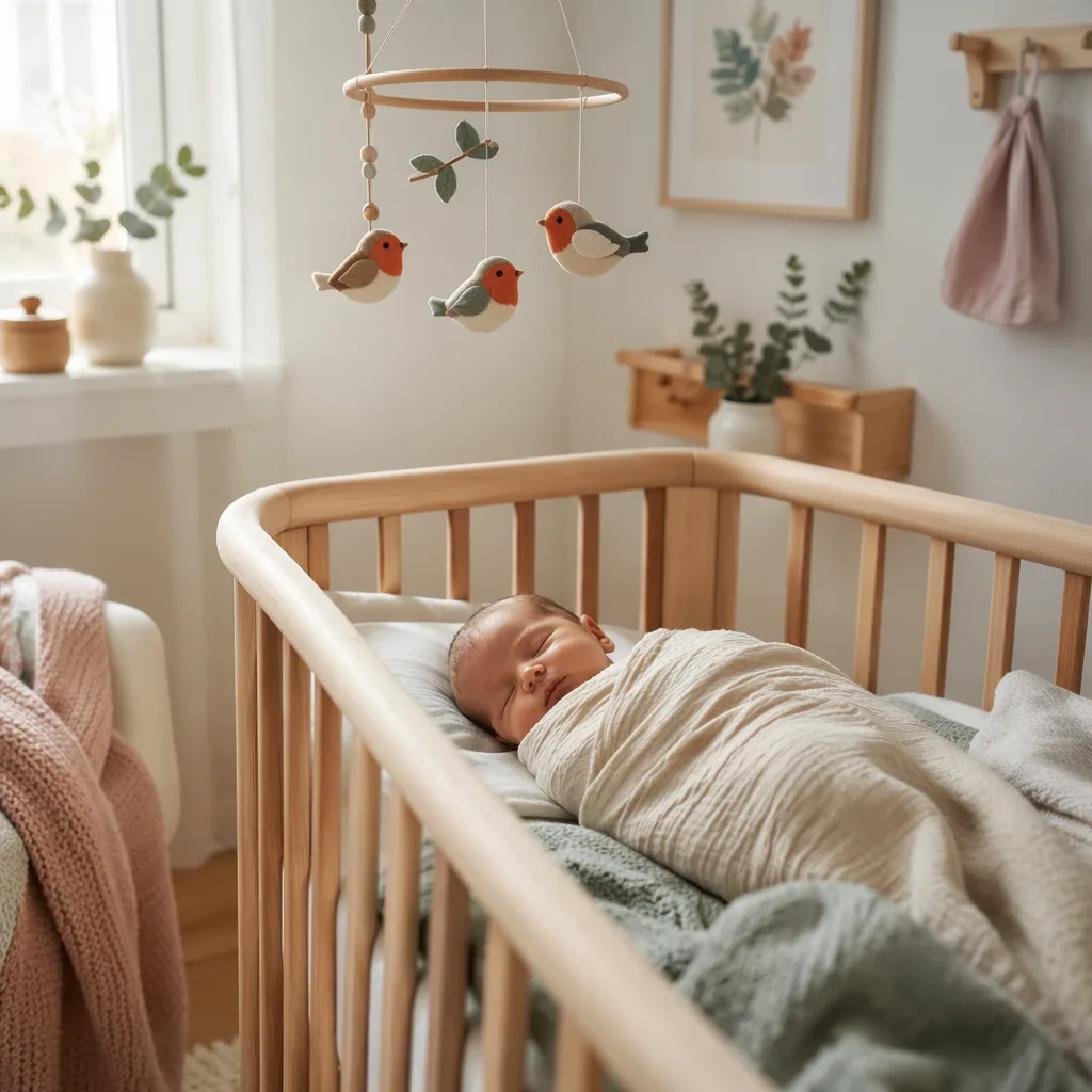 A peaceful Scandinavian nursery with a swaddled sleeping baby and subtle robin-inspired decor.